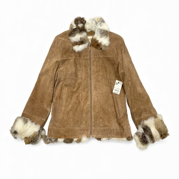 NEW St. John's Bay Suede Leather Fur Trim Zip Cuff Moto Bomber Jacket Women's M - Picture 14 of 14